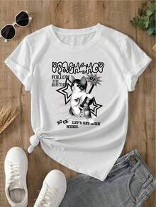 YOCASA Women's Casual Summer T-Shirt, Round Neck, Fitted, Short Sleeve, With Oil Paint, Floral, Heart, Cherry, And Letter Prints. Simple, Casual Fabric, Sporty Style, Ideal For Everyday Wear And A Valentine's Day Date. - YH296-白色 - 查看 2