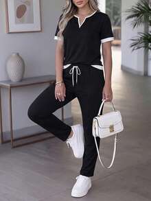 Women's Spring/Summer Casual Matching Contrast Color V-Neck Short Sleeve Top And High Waist Drawstring Straight Leg Pants 2-Piece Set Black Elegant - Black - View 3