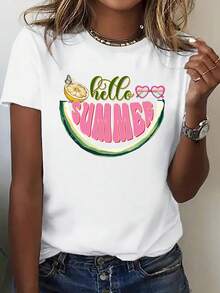 Premium Women's Printed Short-Sleeve T-Shirt, Sweet And Fresh Style, With A Fun Summer Watermelon Print, Lemon Sunglasses, And Butterfly Embellishments. Versatile Streetwear For Everyday Wear. Comfortable Basic T-Shirt For Autumn, Printed Short-Sleeve T-Shirt For Outdoor Activities, Unisex Short-Sleeve T-Shirts. Couple T-Shirts, Parent-Child Sets, Family Sets, New Arrivals,  Short-Sleeve T-Shirts, Short-Sleeve T-Shirts For Gifts, . - 白色 - 查看 1