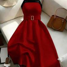 dahkjdgajy  Vestido corto negro y blanco para mujer, vestido rojo con cinturón para primavera/verano, vestido de moda elegante y chic, vestido de mujer elegante, vestido formal de alta calidad para mujer - Rojo y negro - Ver 1