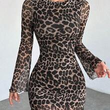 LunaCass8  PETITE Vestido corto de mujer con mangas campana y malla con estampado de leopardo - Negro01 - Ver 6