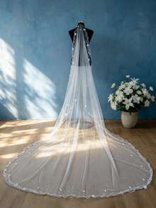 3m Long Wedding Veils 1 Tier Bridal Veils With Lettuce Trim No Comb Soft Tulle Accessories With Pearls Flower - Multicolor - View 10