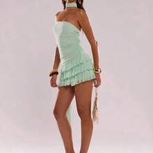 ghadjgyjad   Vestido mini de verano con volantes y bajo asimétrico, unicolor y sexy para mujer - Albaricoque - Ver 6