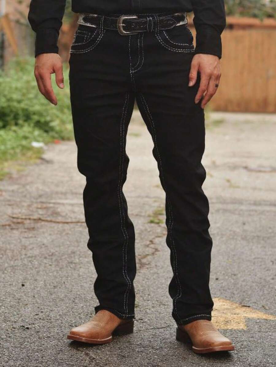 Men's American Straight Leg Jeans, Spring/Autumn Vintage Distressed Casual Pants - Black - View 1