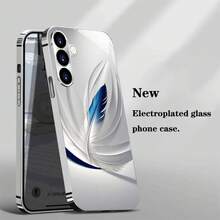 Expédition 24h depuis DE/FR/ES | Étui en verre trempé argenté électroplaqué avec motif de plumes blanches et ailes blanches bleu & blanc, protection de caméra & antichoc – Compatible avec Apple 11/12/13/14/15/16/17 Pro Max/Plus/SE/Air – Cadeau parfait – Pour Samsung Galaxy S21/S22/S23/S24/S25 Ultra - 1 image couleur - Voir 1