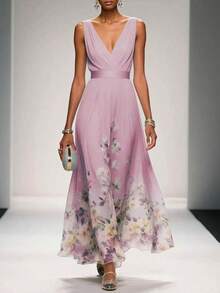 Elegant Women's Summer Fashion V-Neck Chiffon Floral Blouse Dress, A-Line Dress With A Fitted Waist And Flowing Style, Suitable For Vacation, Garden, And Tea Party Occasions - 粉色 - 查看 1