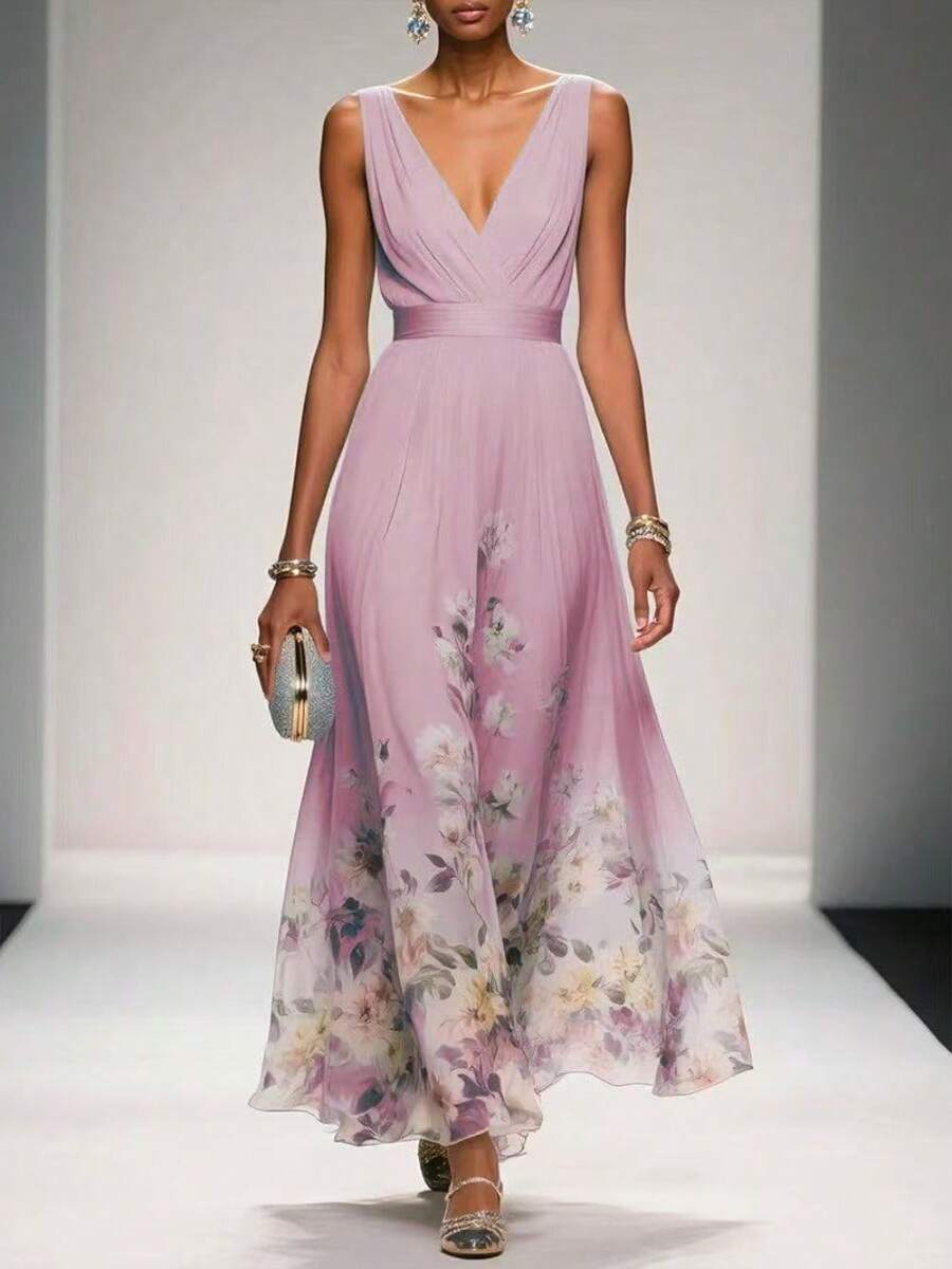 Elegant Women's Summer Fashion V-Neck Chiffon Floral Blouse Dress, A-Line Dress With A Fitted Waist And Flowing Style, Suitable For Vacation, Garden, And Tea Party Occasions - 粉色 - 查看 1