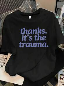 Camiseta de manga corta con cuello redondo para mujer con estampado de trauma, apta para todas las estaciones. - Negro - Ver 1