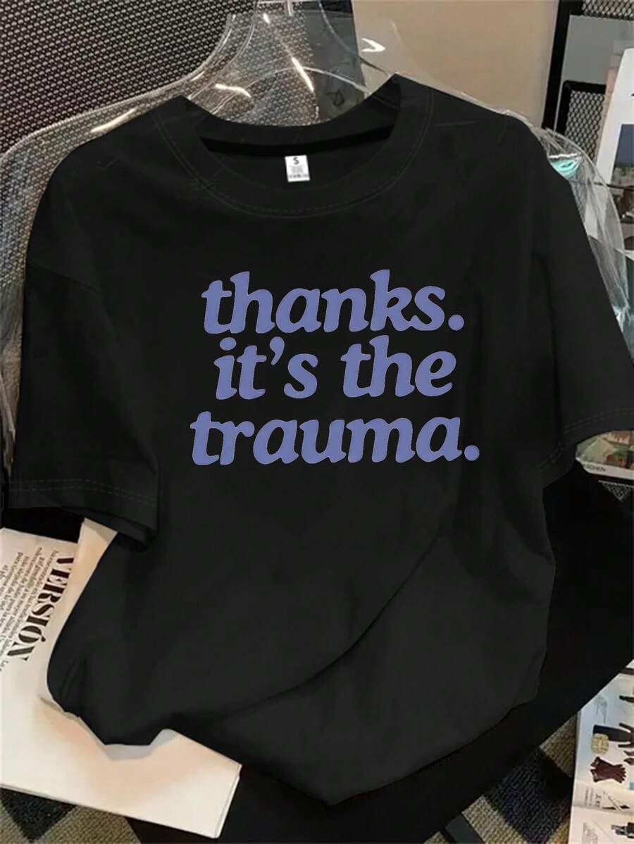Camiseta de manga corta con cuello redondo para mujer con estampado de trauma, apta para todas las estaciones. - Negro - Ver 1