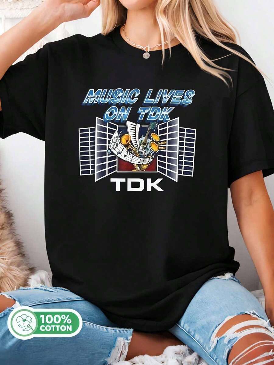 Music Lives On TDK Retro Cassette Era 100% Cotton Music Lover T-Shirt - Black - View 1