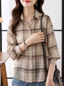 YUXIN Women's Retro Checkered Shirt, Long Sleeved Button Down Jacket, Loose Fit Layered Piece For Daily Camping And Commuting Wear - Apricot - View 6