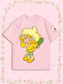 女款夏季 T-shirt，可愛檸檬甜點與青蛙印花寬鬆休閒 T-shirt，適合日常穿著與甜美女孩風格，粉紅色 - 粉色 - 查看 1