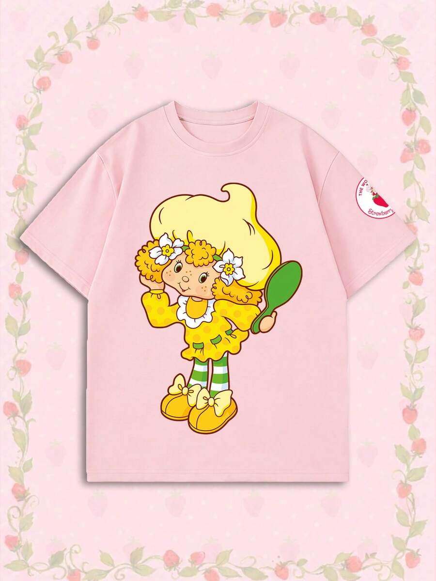 女款夏季 T-shirt，可愛檸檬甜點與青蛙印花寬鬆休閒 T-shirt，適合日常穿著與甜美女孩風格，粉紅色 - 粉色 - 查看 1