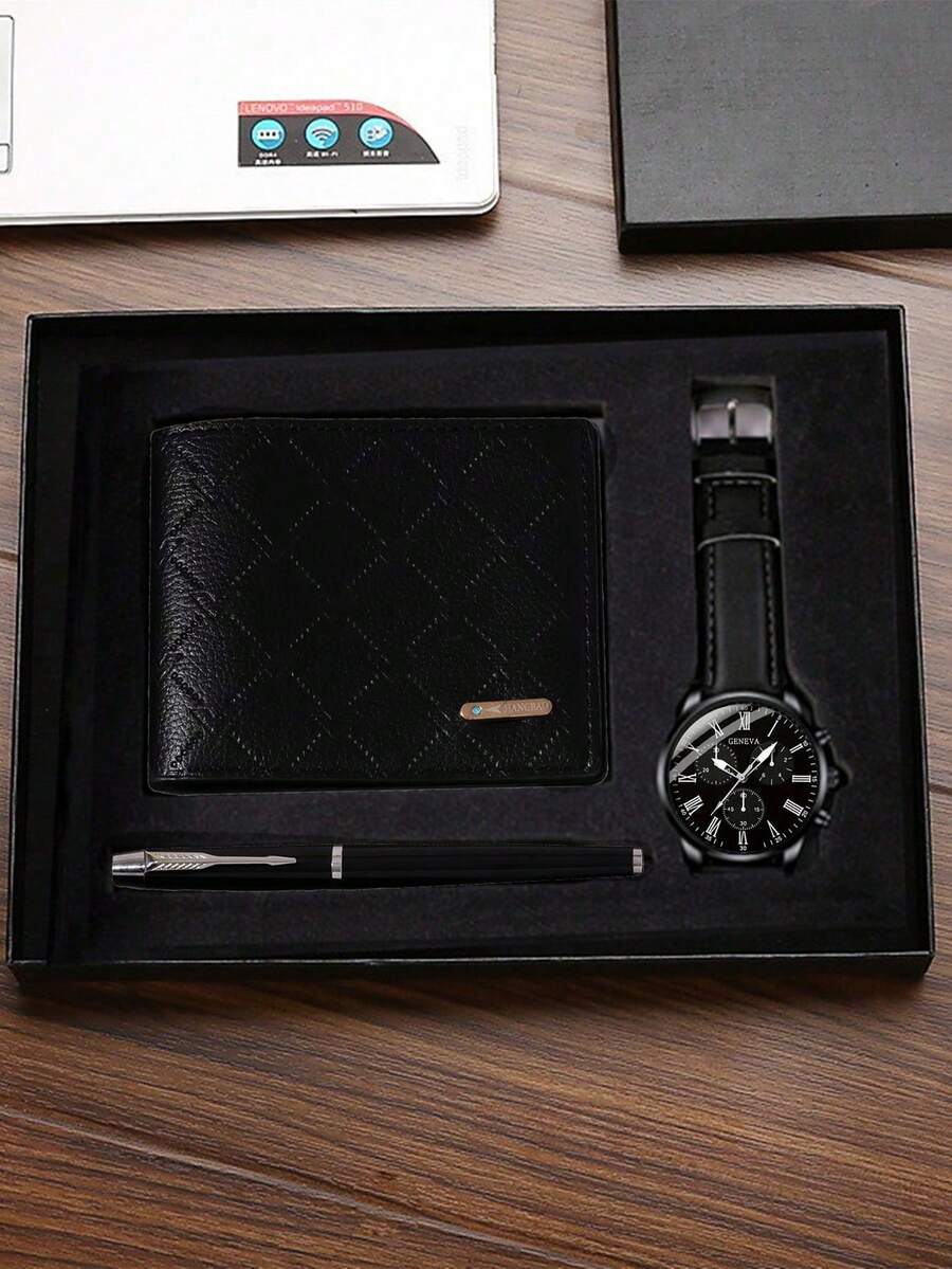 3PCS/1PC Watch Set, Men's Business Black Watch, Black Dial Roman Round Black Leather Strap Luxury Men's Watch, Paired With Large Capacity Black Plaid Men's Wallet, Business Signature Pen, Simple And Steady Men's Accessories, Suitable As Luxury Men's Gift For Father's Day, Birthday, Valentine's Day For Boyfriend And Young Men. Gift Box Not Included - Black - View 1
