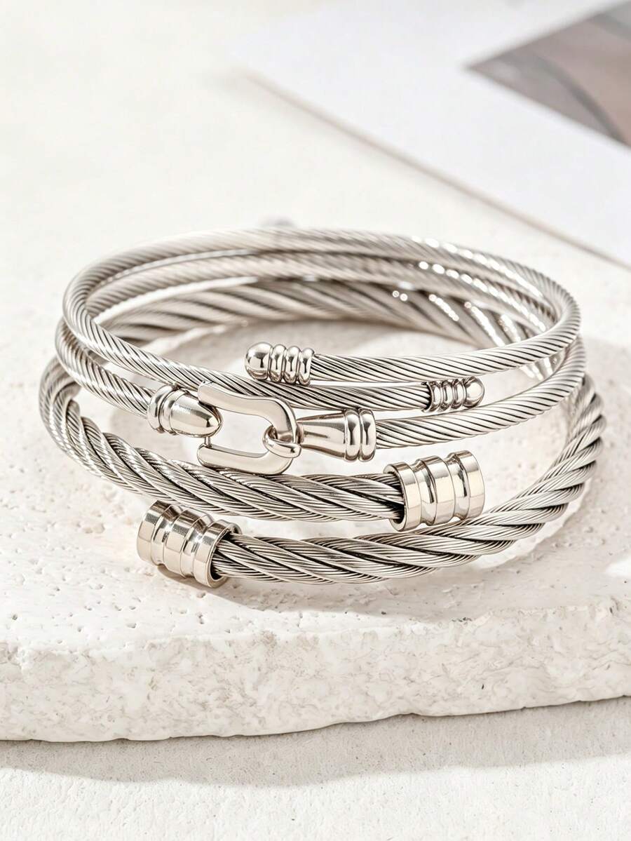 3 buah Gelang Wanita Minimalis Premium Stainless Steel Model Kepang Terpilin Serbaguna - Perak - View 1