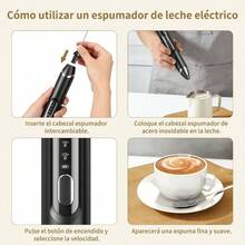 Espumador de Leche 6 en 1 con Base de Soporte, Espumador Elctrico Recargable con 3 Cabezales de Acero Inoxidable y 3 Velocidades, Batidora de Cafe para Latte, Capuchino, Caf - Negro - Ver 6