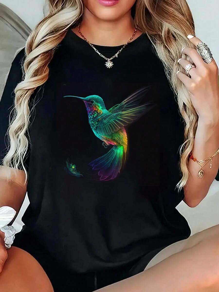 1 Piece Of Women's Blouse, Beautiful Blouses For Women, Women's Clothing, 180g, Black And White, Neon Multicolor Hummingbird Print, High Quality T-Shirt, Round Neck, Basic Loose Fit, For Men And Women, Breathable. - 黑色 - 查看 1