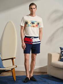 VeloEdit Pantalones cortos de verano para hombre con estampado, cintura con cordón, bolsillos inclinados, estilo hawaiano, secado rápido, forro de malla de doble capa, 3 estampados artísticos en colores contrastantes - Multicolor - Ver 2