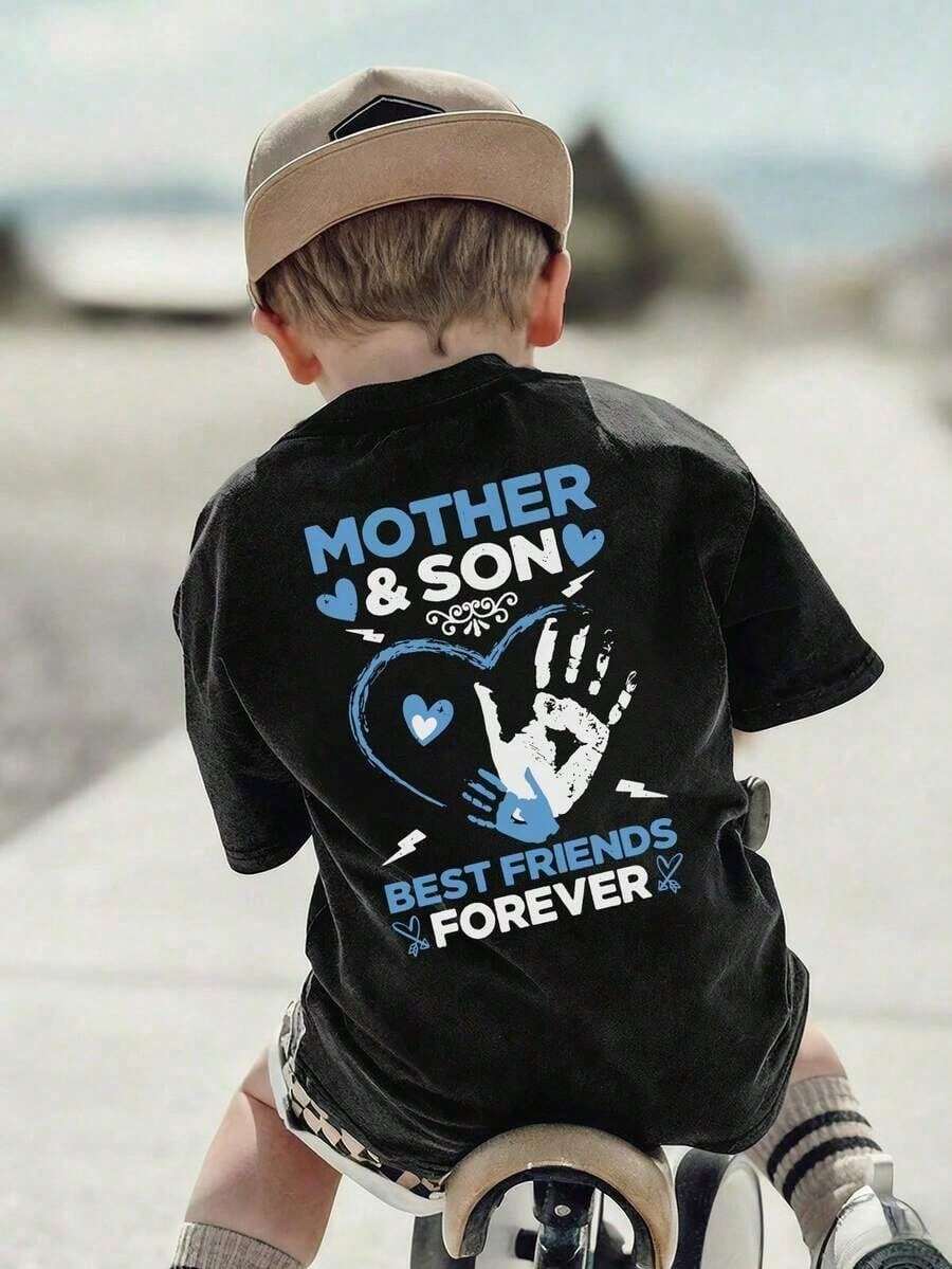 1 Children's Casual Printed Short-Sleeve Crew Neck T-Shirt, Summer Clothes For Young Students - The Colorful English Letter Print T-Shirt Brings Joy And Happiness To Every Child! MOTHER AND SON - 黑色 - 查看 1