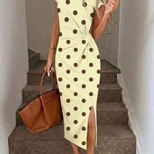 ghadjgyjad  Vestido midi elegante sin mangas con abertura alta y cintura fruncida con estampado de lunares en marrón y azul, vestido de punto de textura casual y ajustado para mujer, conjunto de fitness para mujer, vestido de invitada de boda para mujer, ropa de oficina para mujer - Multicolor - Ver 10