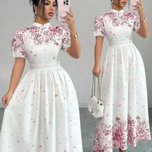 dahkjdgajy  Vestido de verano de mujer con estampado floral elegante, cintura ceñida y mangas abullonadas - Azul - Ver 9