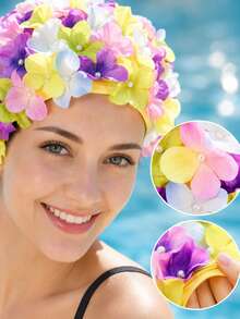 1PC Double-Layered Floral Swimming Cap,Lightweight And Stretchable,Ideal For Short & Medium Hair,Pool, Beach,Vacation, Water Sports,Hair Protection From Chlorine & Sun,Fashionable Swimwear Accessory,Poolside & Beach Essentials - Multicolor - View 2