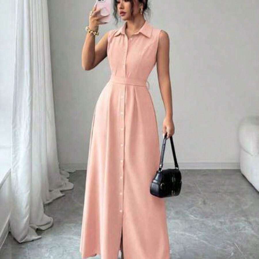 Vestido de línea A con cintura ceñida, cuello redondo y sin mangas, elegante y romántico para vacaciones de verano de mujer - Rosa Pálido - View 1