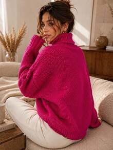 Women's Oversized Turtleneck Knit Sweater, Elegant Casual Long-Sleeve Winter Blouse, Warm And Comfortable Knit Fabric - 紅色 - 查看 3