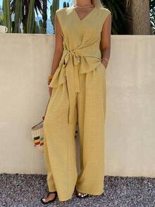 Conjunto de 2 piezas de verano informal para mujer con top de tirantes con cuello en V de unicolor y pantalones de pierna ancha - Conjunto de ropa de estar en casa para mujer - Amarillo - Ver 1