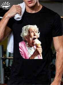 Camiseta divertida de manga corta con cuello redondo y estampado de un anciano lamiendo un helado, apta para hombres y mujeres. - Negro - Ver 1
