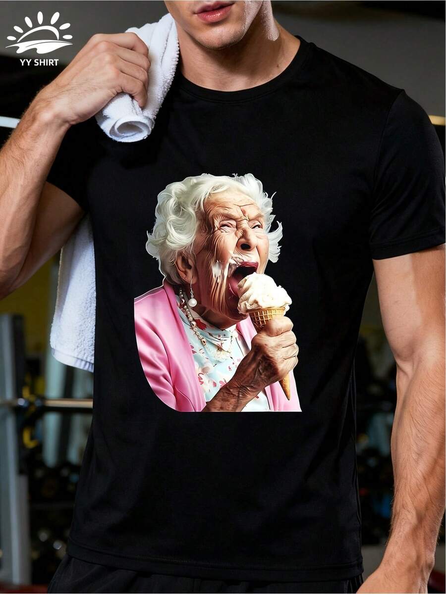 Camiseta divertida de manga corta con cuello redondo y estampado de un anciano lamiendo un helado, apta para hombres y mujeres. - Negro - Ver 1