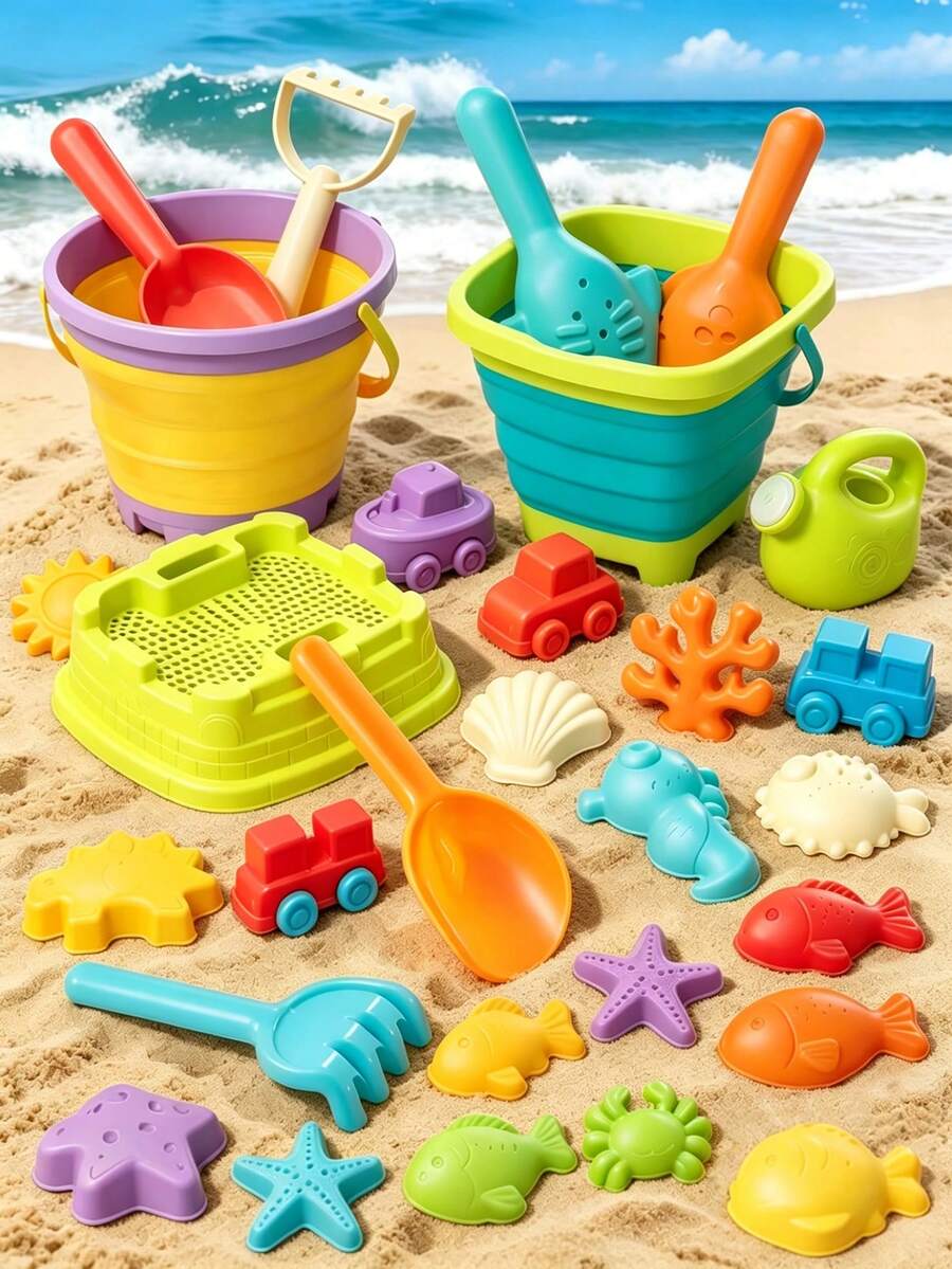Children's Foldable Beach Bucket Set - Includes Foldable Bucket, Sand Molds, Rake, Shovel, Suitable For Outdoor Beach, Pool Water Play, Parent-Child Interaction, Beach Supplies, Beach Toys, Children's Beach Camping, Outdoor Play Summer Essential, Accessory Colors Random