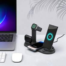 Estación de carga inalámbrica rápida 6-en-1 de 15W, soporte cargador multidispositivo compatible con iPhone 17/16/15/14/13/12, carga USB compatible con Apple Watch - Negro - Ver 4