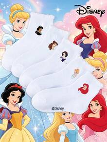 Disney 迪士尼 1/5 對裝迪士尼/公主襪，春夏兒童襪，可愛公主圖案與荷葉邊設計，時尚透氣吸濕排汗運動襪，柔軟舒適休閒短襪，適合戶外活動、開學、假期、日常穿著 - 彩色 - 查看 2