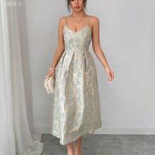 yonghongmaoyi1  Vestido elegante de mujer con tirantes de espagueti y estampado jacquard, adecuado para invitadas de boda, fiestas de noche y galas; Vestido elegante de fiesta de mujer con cuello en V y pliegues - Albaricoque - Ver 7
