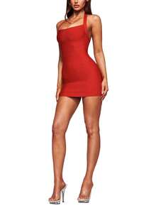 Women's Sexy Halter Backless Ruched Bodycon Mini Dress Ribble Short Homecoming Club Party Night Out Dresses Clubwear - Red - View 9