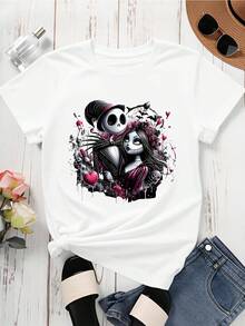 Disney Women Casual Short Sleeve T Shirt  Black Jack Skellington And Sally Couple Print For Halloween Party And Daily Wear - 白色 - 查看 3