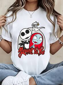Disney Crew Neck T Shirt  Black Jack Skellington And Sally Meant To Be Print Casual Wear For Women And Men - 白色 - 查看 2