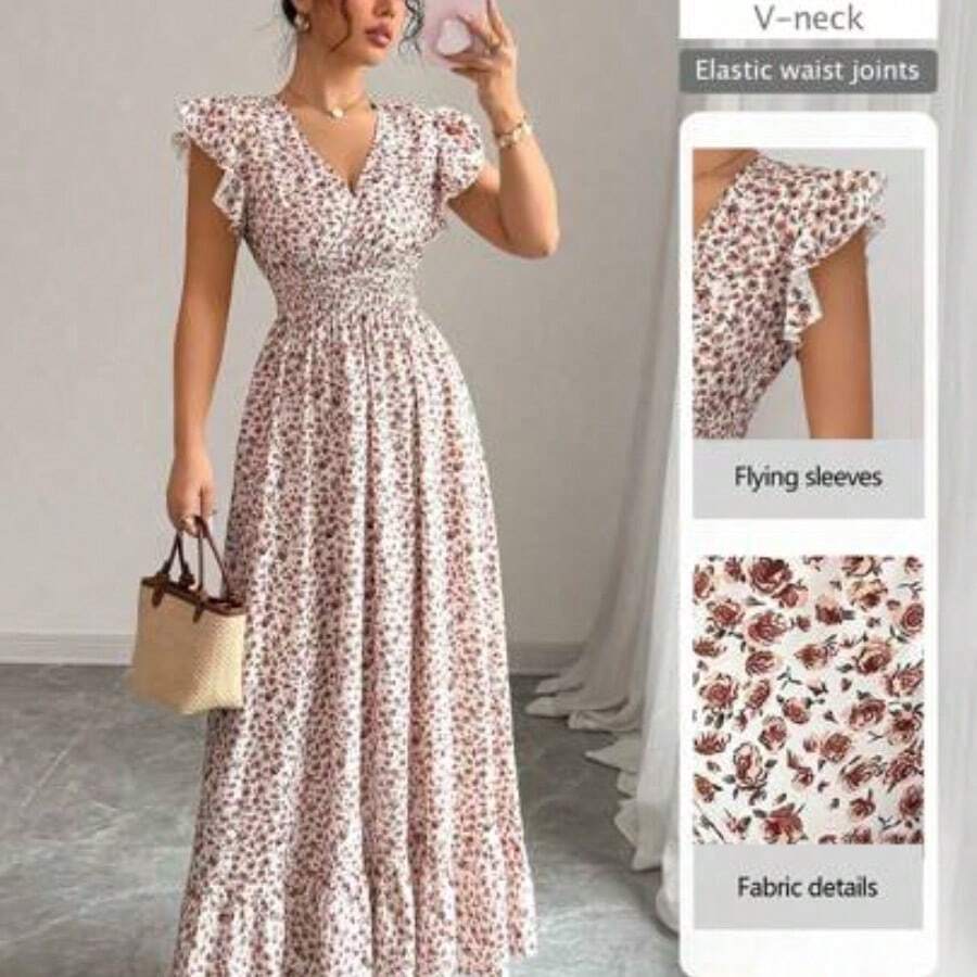 Nuevo vestido casual de vacaciones para mujer con mangas de campana, cintura ceñida, volantes en el bajo y estampado floral fruncido AG - Multicolor - Ver 1