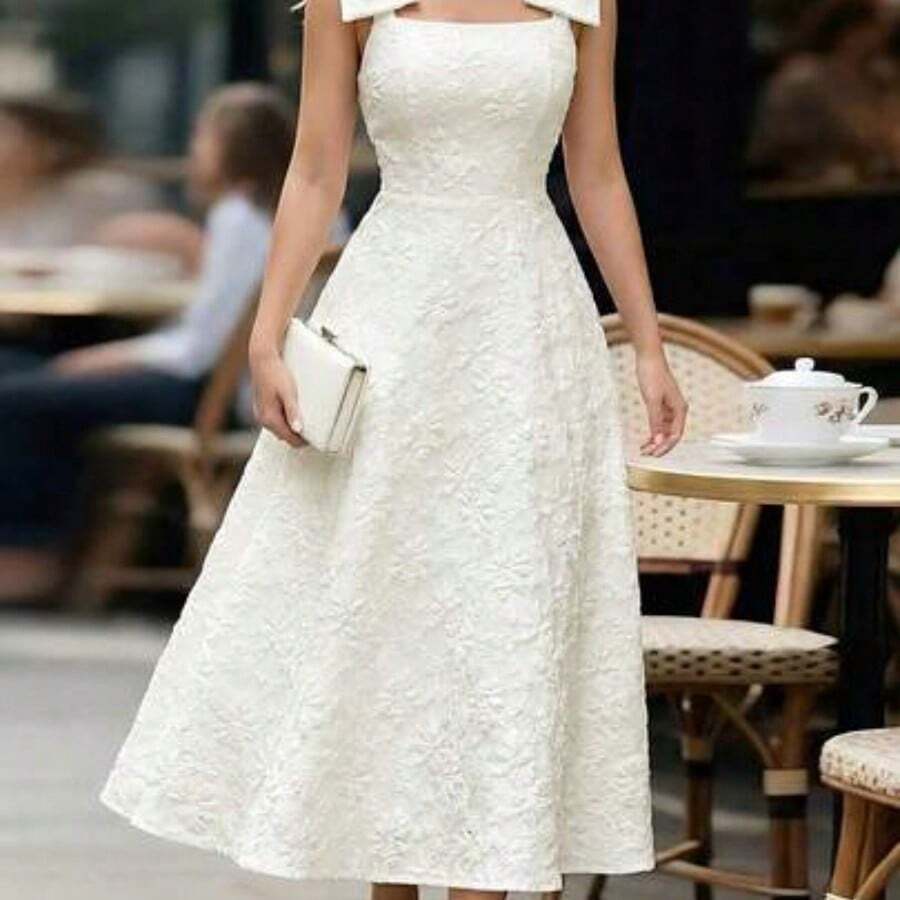 jianchaimaoyi02 Vestido de tela jacquard con textura de loto albaricoque con tirantes, decoración de lazo grande, cintura ceñida, falda acampanada, elegante y grácil, adecuado para regalo de cumpleaños, cita, fiesta, Día del Trabajo, Pascua, boda en el jardín, viaje, casual, trabajo, reunión, Día del Maestro, primavera y verano - Albaricoque - Ver 1
