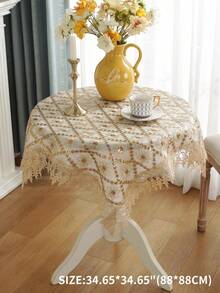 Mantel de doble capa 100% poliéster, borde de encaje con bordado 3D y decoración de lentejuelas, mantel cuadrado & rectangular multiusos, adecuado para cocina, escritorio, mesa de conferencias, interior & exterior, decoración del hogar para bodas y fiestas, 1 pieza camino de mesa - Multicolor - Ver 11