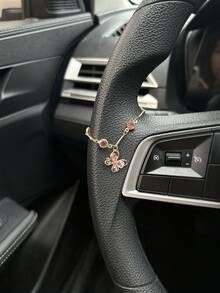 女性用粉色水晶鏤空蝴蝶汽車吊飾，鑲水鑽可調節鍊條方向盤掛飾，汽車內飾配件 - A - 查看 2