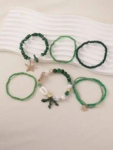 7件組粉色系少女風海灘度假風格貝殼與海星米珠彈力繩疊戴手鍊組，適合女性度假與日常配戴（手工串珠，米珠數量與排列順序隨機） - 深綠色 - 查看 5