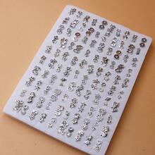 100 Pairs Fashion Versatile Mixed Style Silver Color Rhinestone Plastic Stud Earrings Set, Minimalist Sponge Packaging Without Box - Silver White Diamond Without Box - View 2