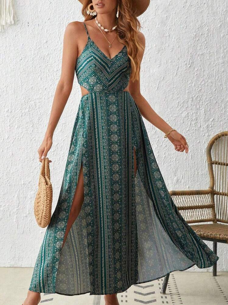 Vestido con tirantes sin espalda y escote en V profundo con abertura hasta el muslo, vestido largo con estampado floral para en la playa, ropa de verano para mujer - Rojo - Añade 3