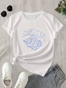 Camiseta de manga corta con cuello redondo y estampado del logo de Sesta para mujer, apta para todas las estaciones. - Blanco - Ver 1