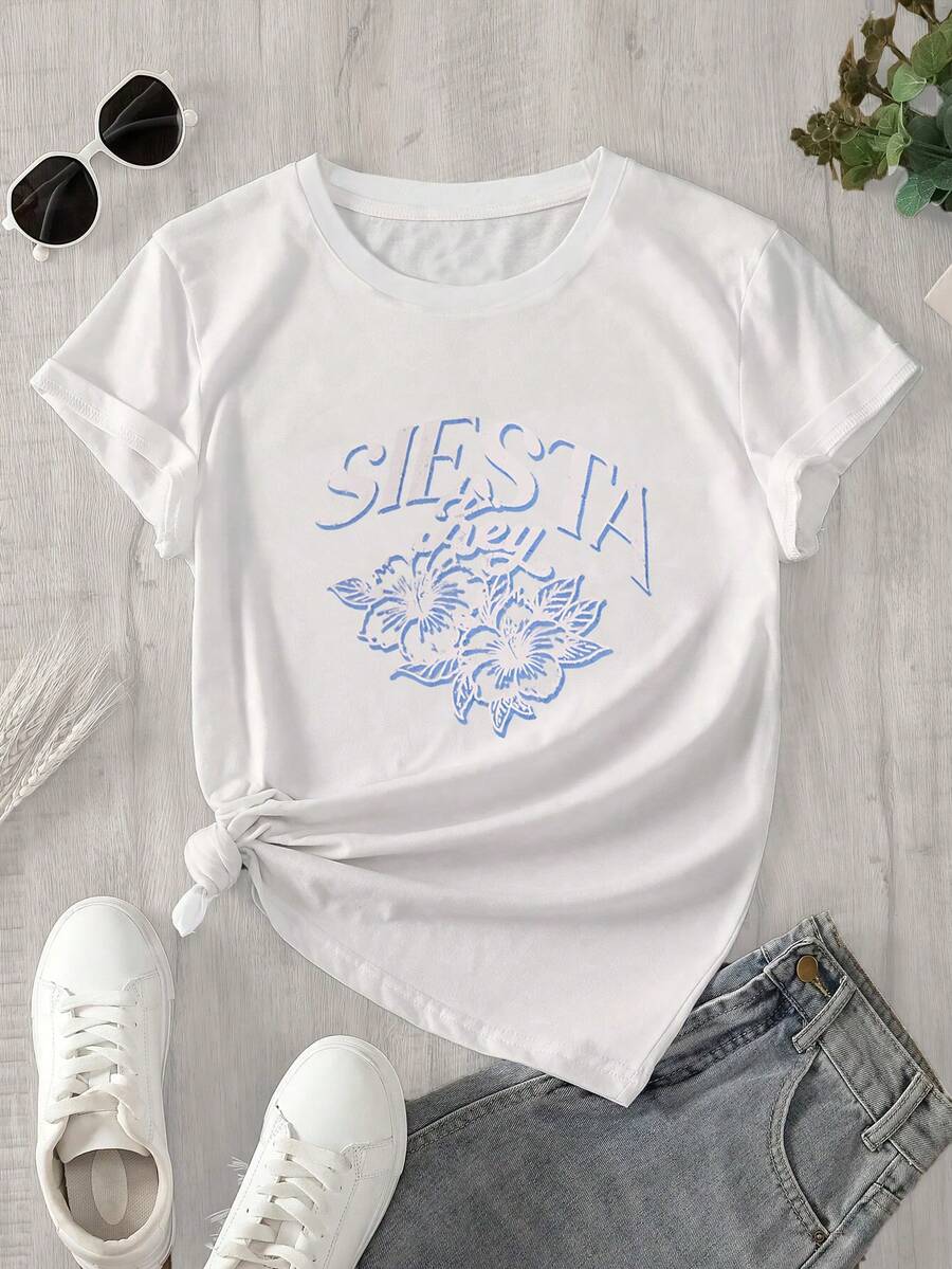 Camiseta de manga corta con cuello redondo y estampado del logo de Sesta para mujer, apta para todas las estaciones. - Blanco - Ver 1