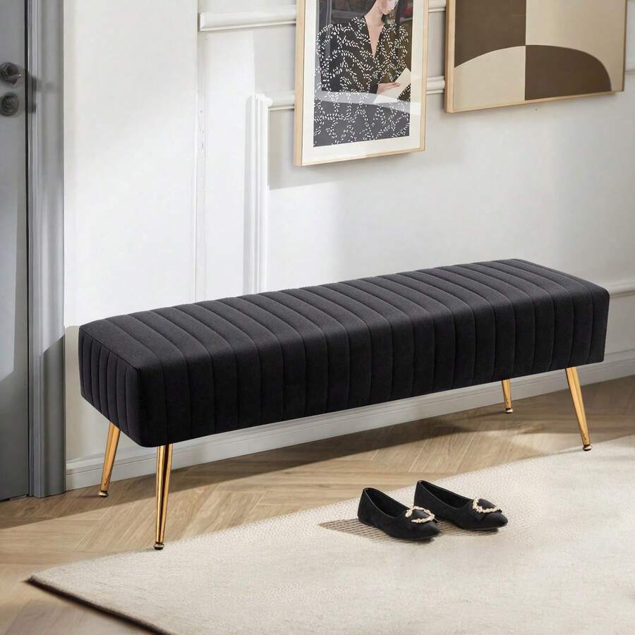 FURNIMART Fumahome Banco de Cuero Sintético para Pie de Cama con Patas Doradas, Banco Moderno con Botones Acolchados para Entrada, Lujoso Banco Otomano para Decoración de Sala de Estar - Verde - Ver 1