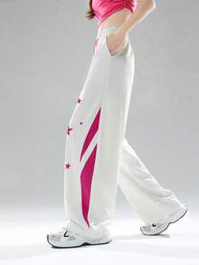 JUTU Loose Fit Colorblock Star Print Ice Silk Thin Drawstring High Waist Casual Pants, Suitable For Spring, Summer And Autumn, Straight Leg Design For Women - White and Red - View 4