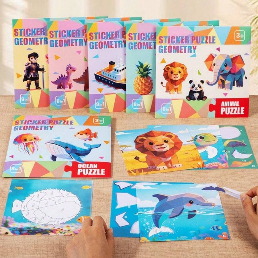 Geometric Cute 3D Collage Art Children 8-In-1 Theme Sticker Puzzle Ocean/Dinosaur/Traffic/Animal/Fruit/Fairy Tale Multi-Theme Educational Enlightenment Handmade Toy Boys Girls Tabletop Game - 彩色 - 查看 1